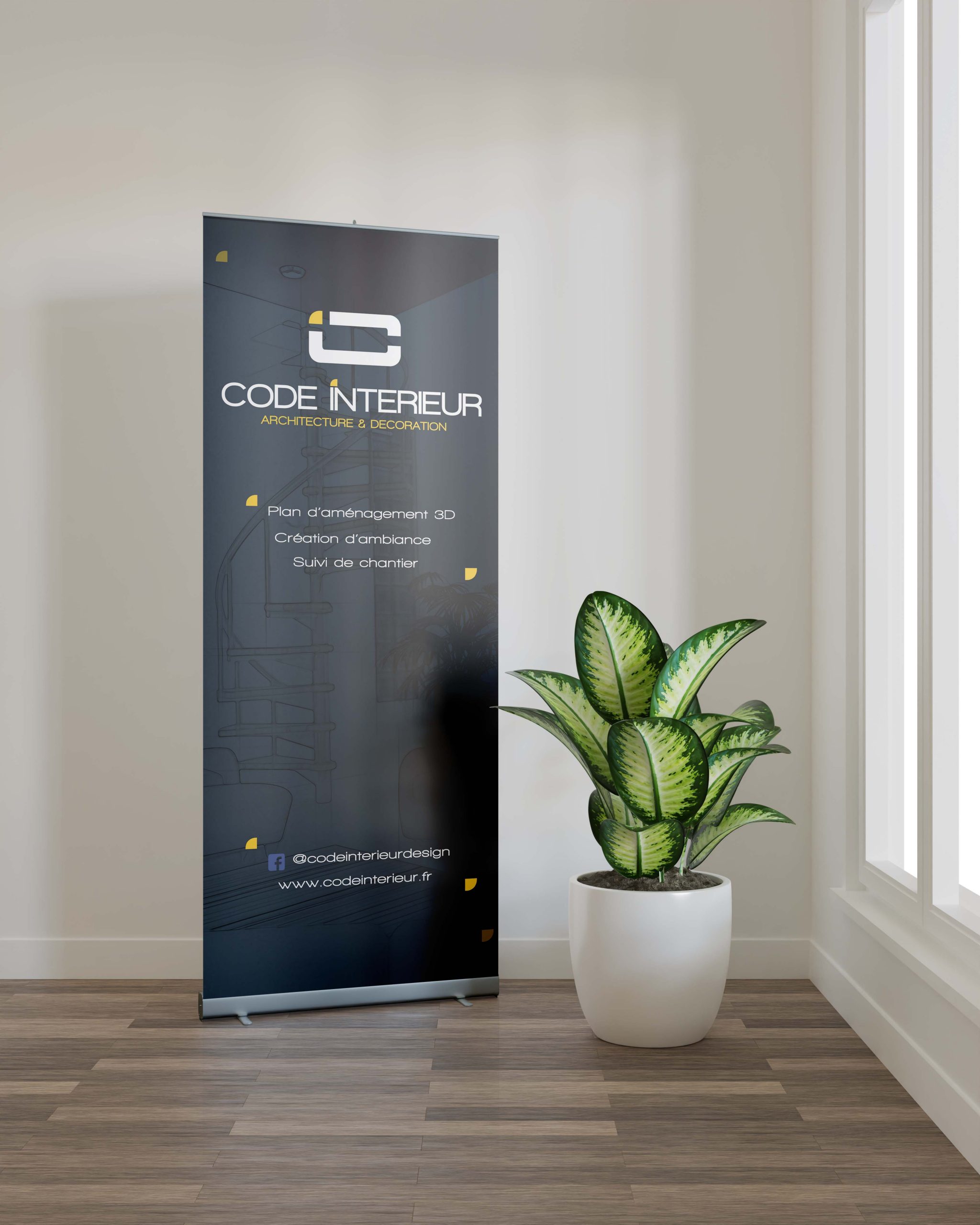 Roll up banner mockup with a plant beside the window